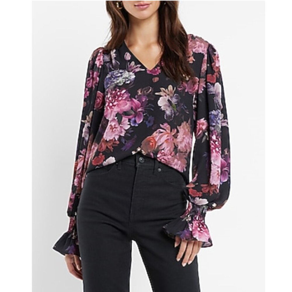Express Black Dress with Purple and Pink Floral Design